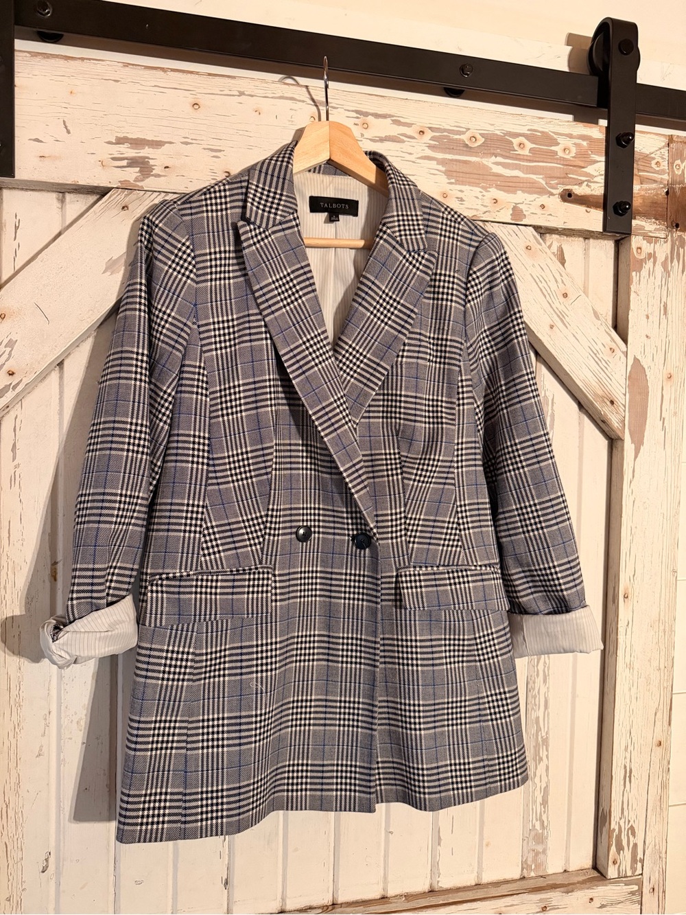 Talbots Double-Breasted Plaid Blazer in Gray and Blue